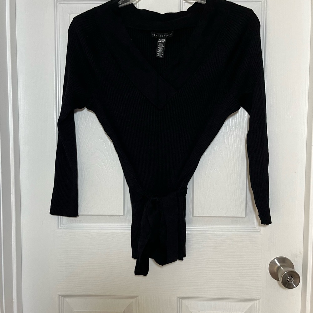 Apostrophe Black V-Neck Tie Waist Ribbed Knit Sweater